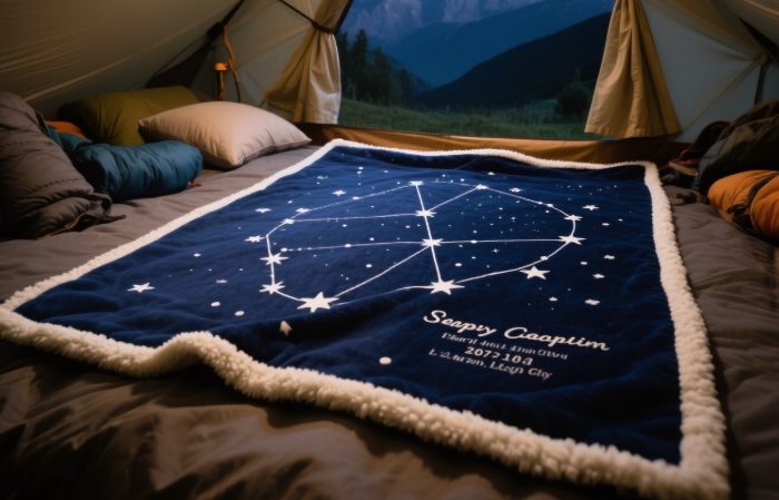Soft personalized camping blanket featuring custom star map night sky from special date and location