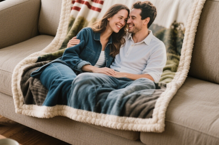 Soft photo blanket featuring a collage of couple pictures