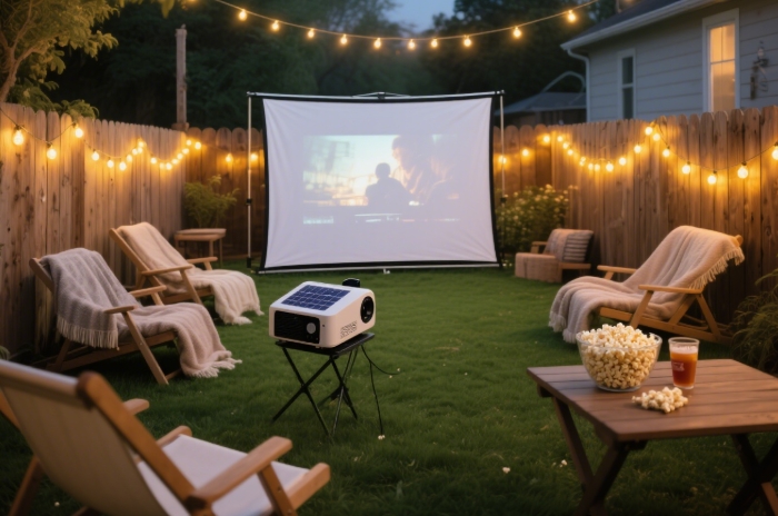 Solar-powered outdoor movie projector, romantic summer 2025 gift idea.