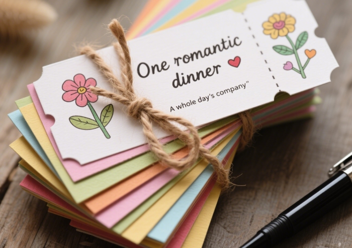 Stack of handmade funny coupon cards for girlfriend, tied with twine