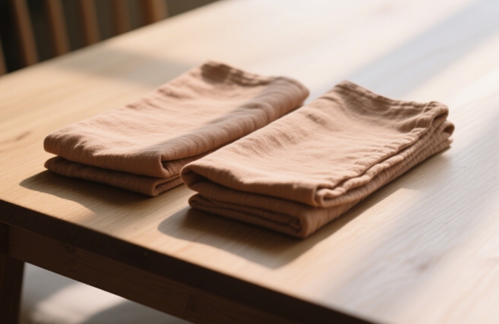 Stack of natural linen napkins in muted terracotta on minimalist wooden dining table