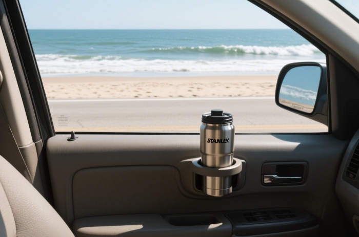 Stanley tumbler in vehicle during summer drive