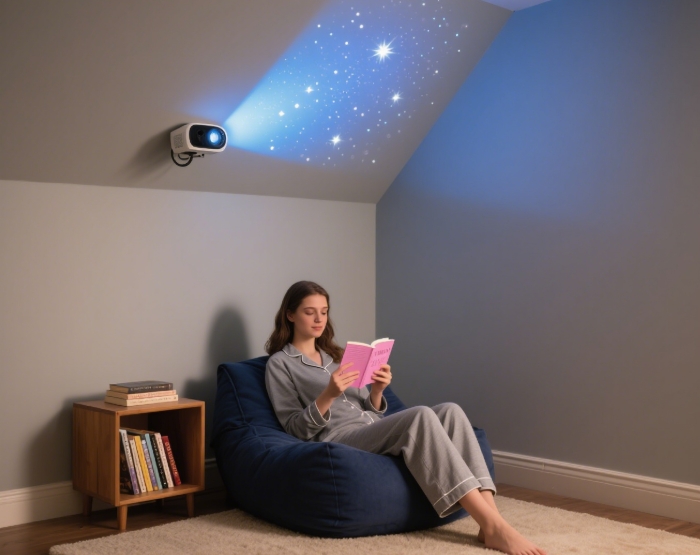Star projector for dreamy reading ambiance, enchanting gift for book lovers.