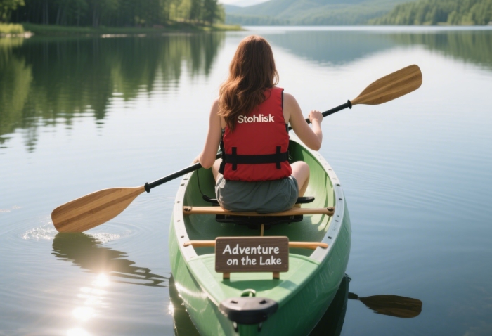 Stohlquist PFD on a woman kayaking on a calm lake