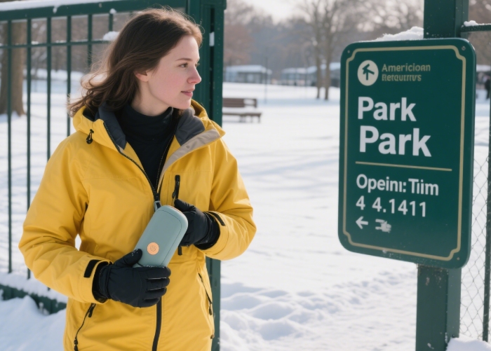 Stone-colored rechargeable hand warmer in coat pocket, snowy park