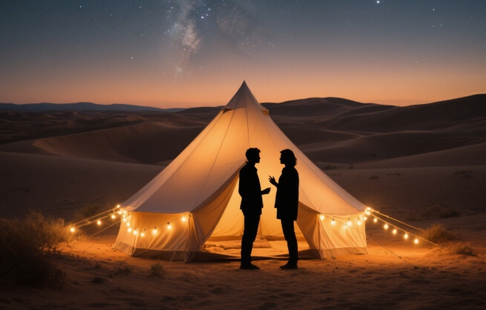 String lights over a tent with two silhouettes against starry desert sky