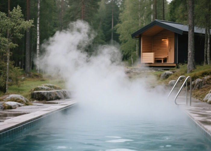 Stylish outdoor cold plunge pool with steam rising - adventurous wellness anniversary gift