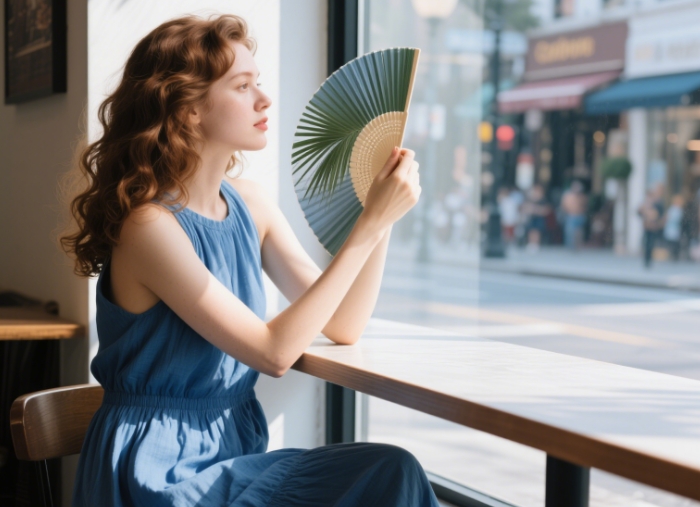 Stylish woman cooling off with a handwoven palm-leaf fan at a sunny café, wearing linen dress