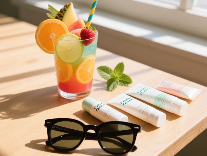 Summer Fridays Jet Lag Mask and Vitamin C Serum for travel-ready summer skincare, vacation-themed flat lay