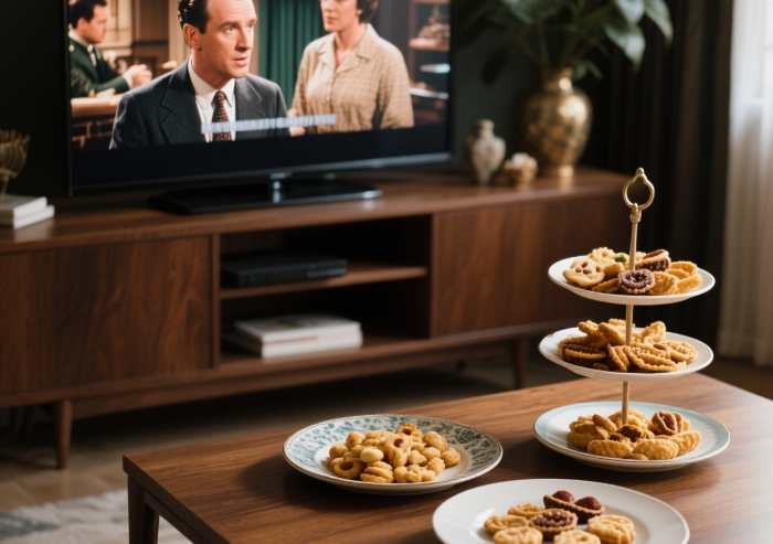 TV show fandom gift box with character-inspired treats and cozy accessories for binge-watching