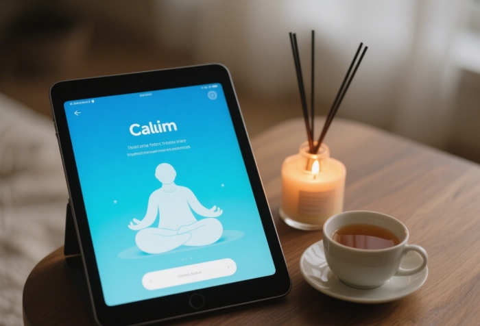 Tablet showing meditation app (Calm) next to tea and candle
