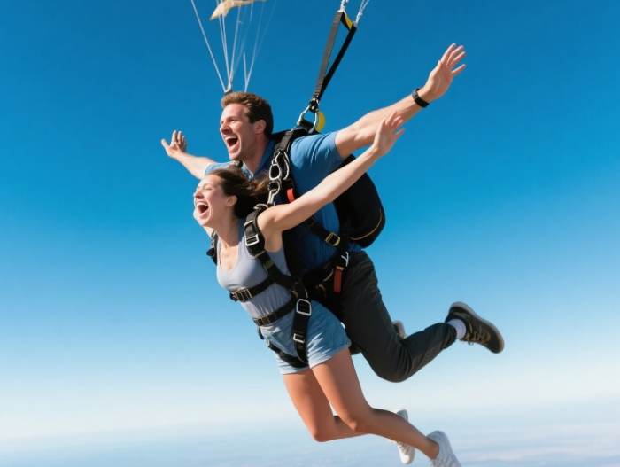 Tandem skydivers in freefall smiling - ultimate adventurous anniversary gift experience