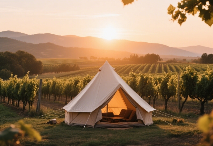 Tent pitched on urban rooftop with city lights - unique adventurous anniversary camping