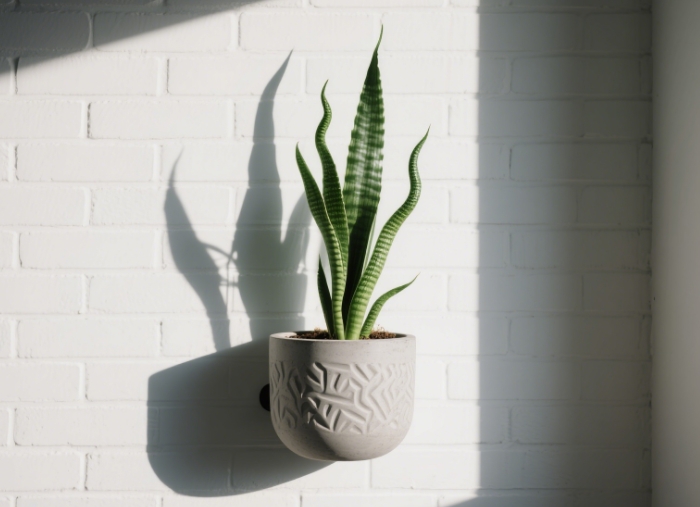 Textured concrete planter holding vertical snake plant against white brick wall, morning shadows