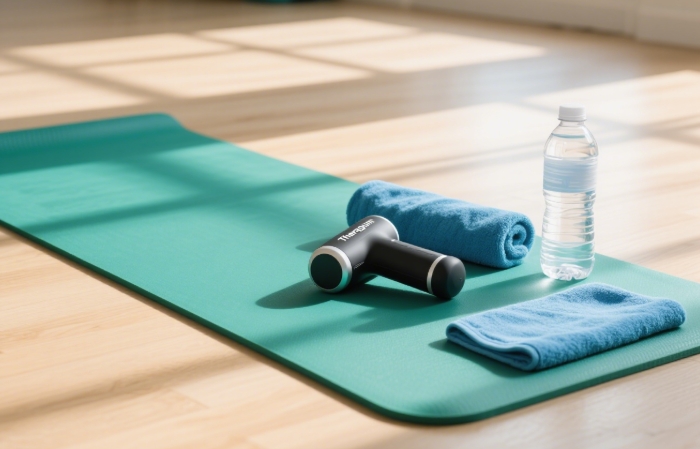 Theragun Mini with workout essentials for post-exercise recovery