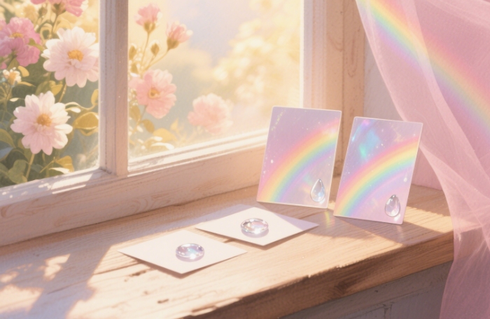Three crystal tear cards on wooden windowsill creating rainbow light reflections, soft morning sun