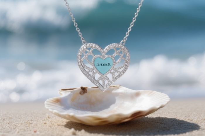 Tiffany Open Heart necklace on seashell, luxury summer jewelry gift for girlfriend