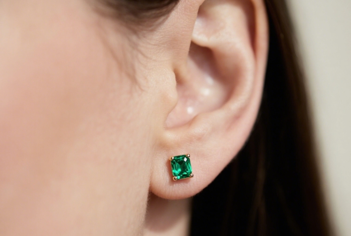 Tiny minimalist bezel-set sapphire birthstone stud earring close-up on earlobe