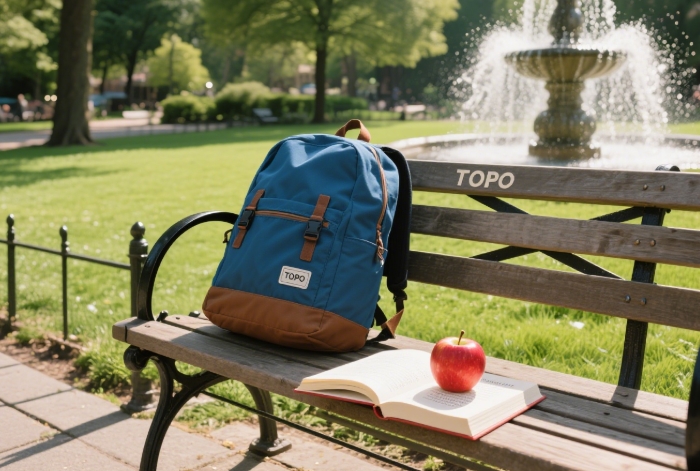 Topo Designs backpack on a bench in a city park