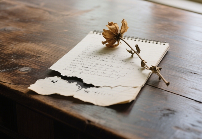 Torn notebook page with inky handwriting next to a dried wildflower