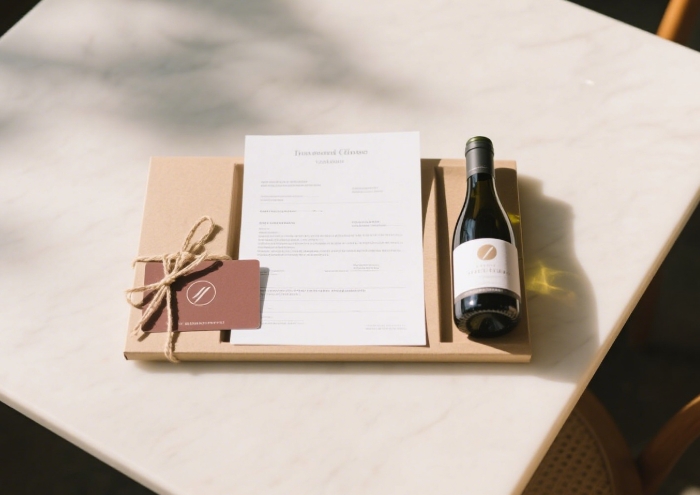 Travel confirmation printout, small gift card, and local treat arranged as a getaway kit for her and a friend