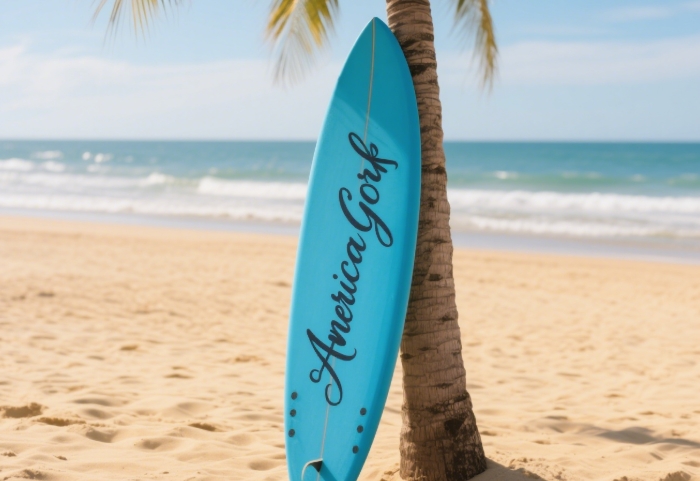 Turquoise surfboard with her name in script leaning on palm tree