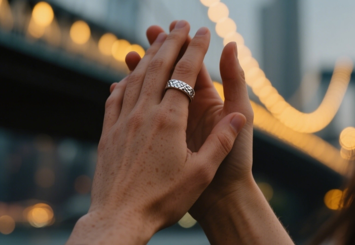Two hands interlocked showing slim hammered silver bands, blurred city lights background