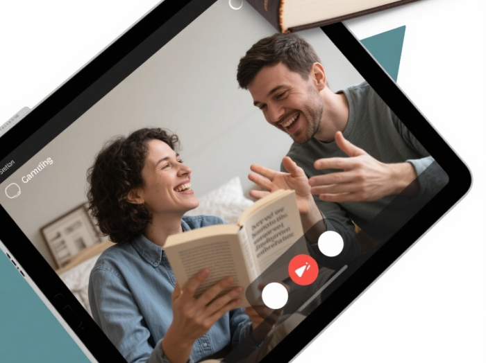Two people on a video call discussing a book