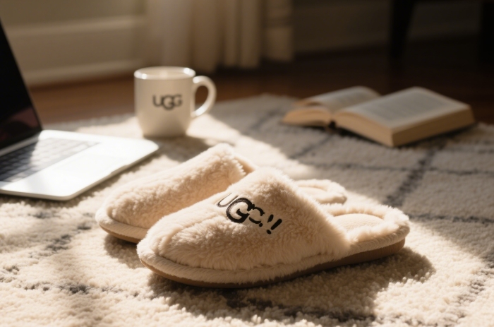 Ugg Fluff Yeah slippers styled for a relaxed work-from-home day
