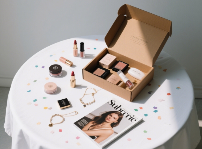 Unboxing photo of makeup subscription box with colorful products spilling out