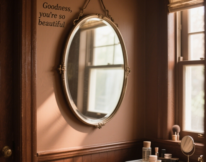 Vanity mirror with damn you're fine etched in corner