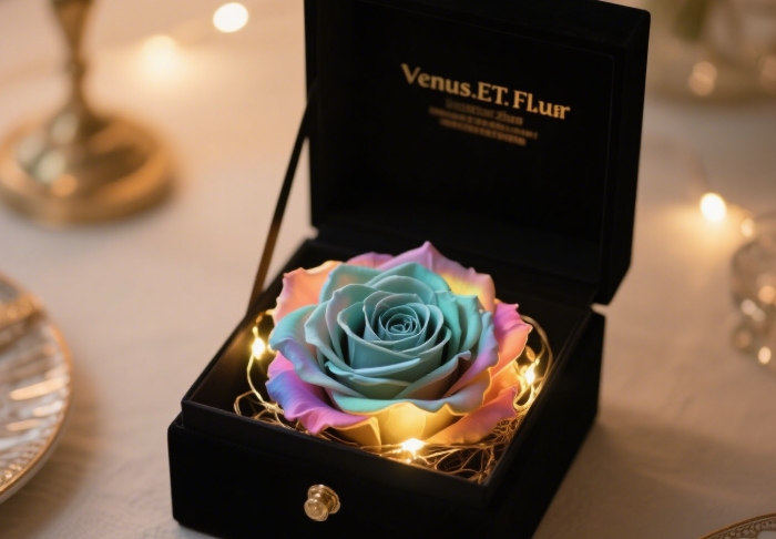 Venus ET Fleur eternity roses in a luxurious box with soft lighting