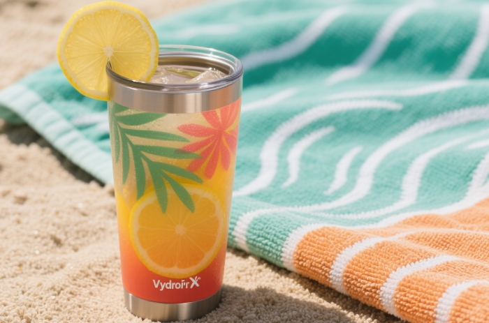 Vibrant Hydro Flask tropical tumbler with lemonade for summer hydration