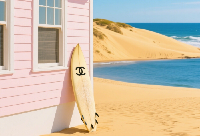 Vintage Chanel surfboard summer decor gift, ultra-luxe beach accessory for fashion lovers