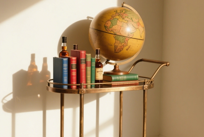 Vintage globe bar cart for book storage, stylish gift for reading enthusiasts.