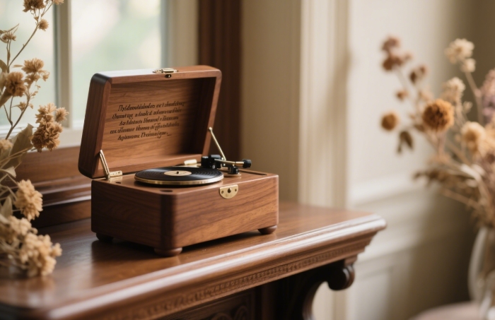 Walnut wood music box playing, laser-engraved lyrics visible
