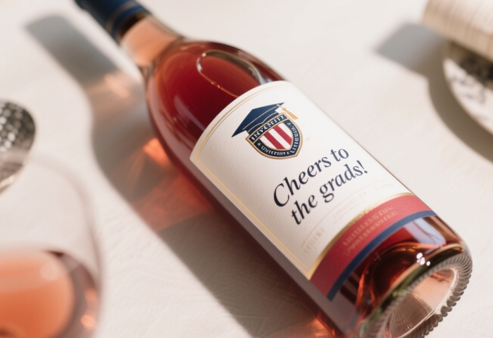 Wine bottle with custom label showing college crest and ‘Cheers to the Grad!