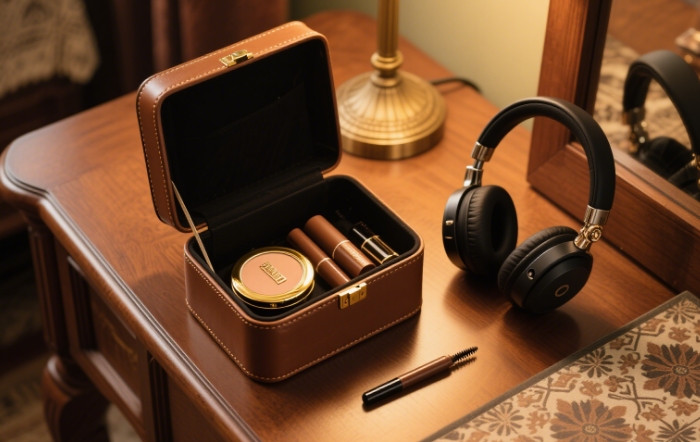Wireless earbuds next to an open makeup organizer, soft focus background