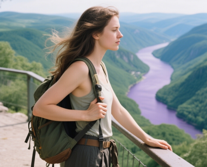 Woman adjusting REI Flash 55 pack at mountain overlook