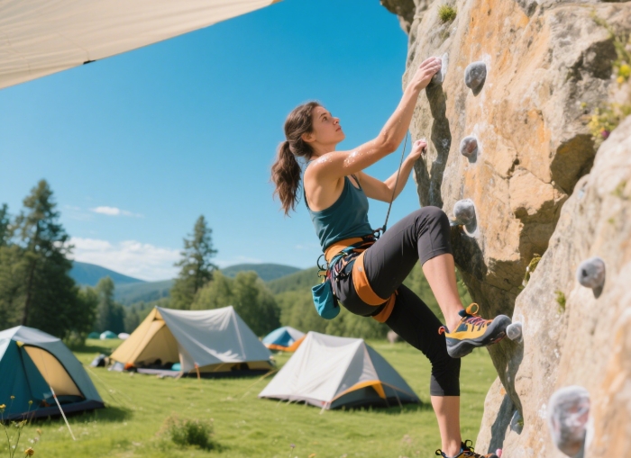Woman celebrating promotion with empowering rock climbing and glamping adventure getaway