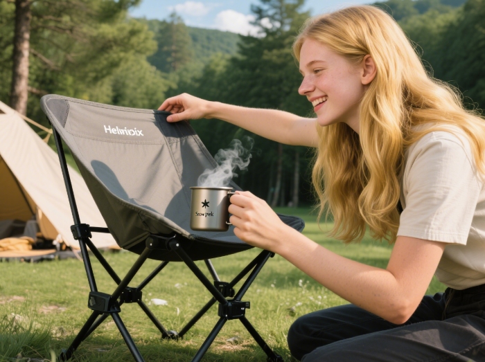 Woman easily setting up Helinox Highback chair while holding Snow Peak titanium mug, showcasing effortless luxury camping gifts in action