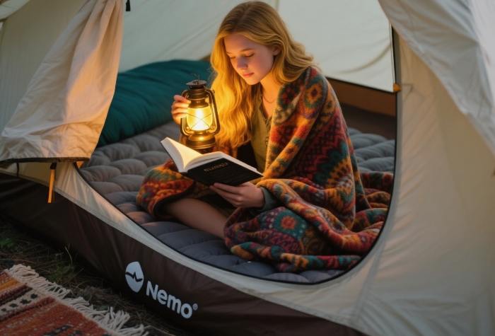 Woman enjoying ultimate comfort camping gift Nemo Roamer Luxe sleeping pad and Rumpl down blanket in a cozy glamping tent scene