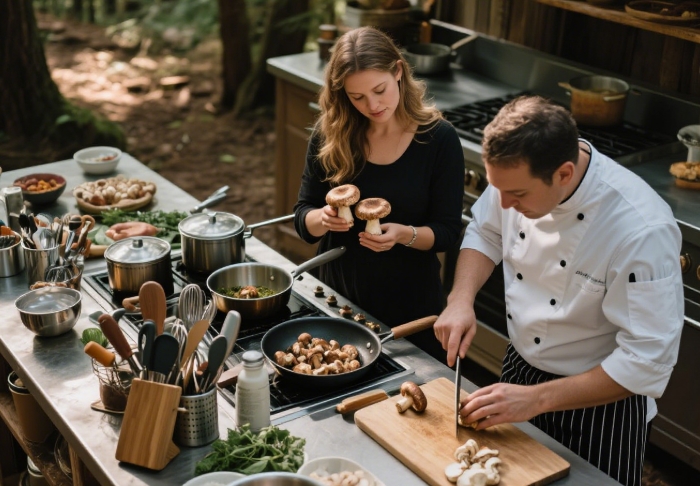 Woman holding wild mushrooms, chef cooking in forest kitchen