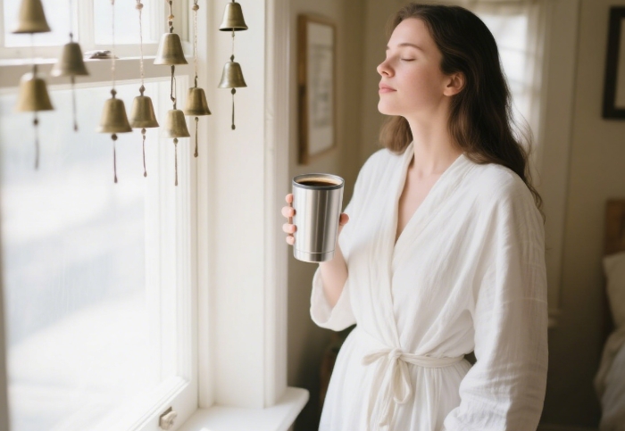 Woman in cozy white robe holding mug by window
