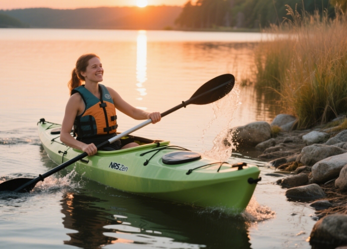 Woman kayaking in NRS Zen PFD on calm lake at sunset