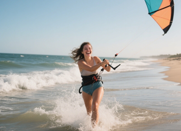 Woman learning kitesurfing with trainer kite in ocean - adventurous anniversary gift experience