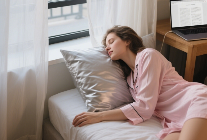 Woman resting cheek on silver satin pillowcase