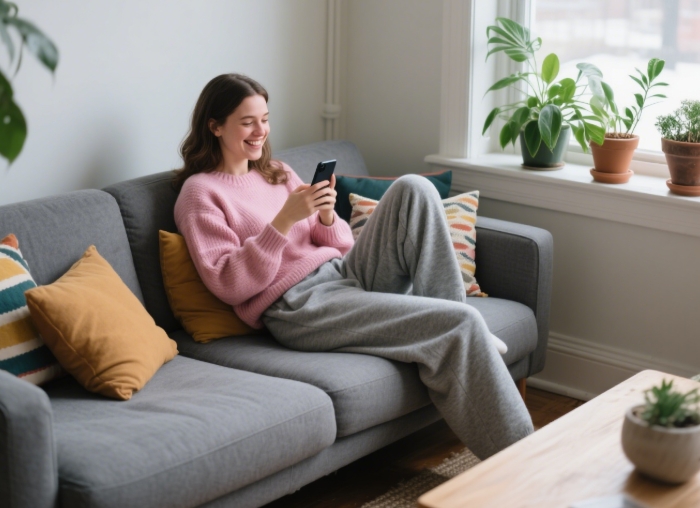 Woman smiling in oversized gray fleece lounge pants on couch