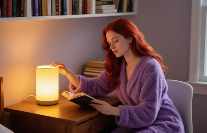 Woman turning on a smart touch lamp as a long-distance goodnight gesture