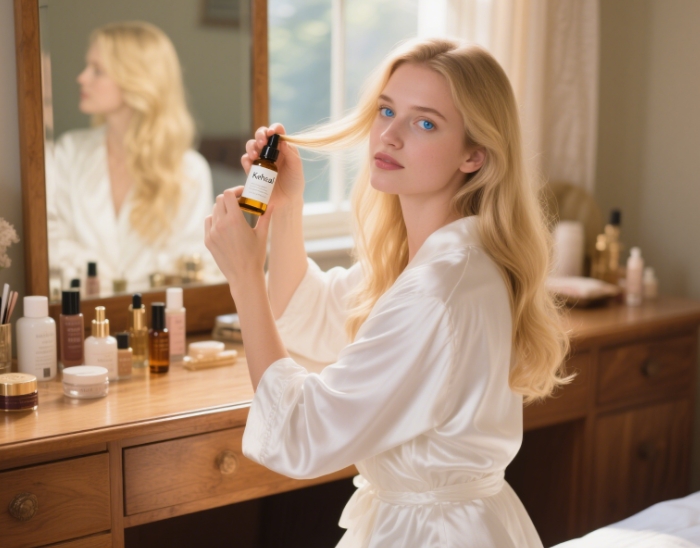 Woman using Keheal aromatherapy hairbrush for shiny, healthy hair